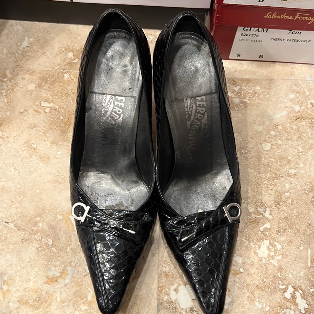 Black python skin Ferragamo heels